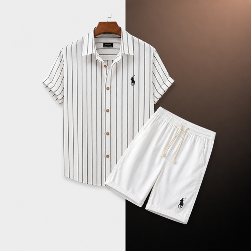 R&L - Relaxed Fit Striped Shirt and Shorts Set