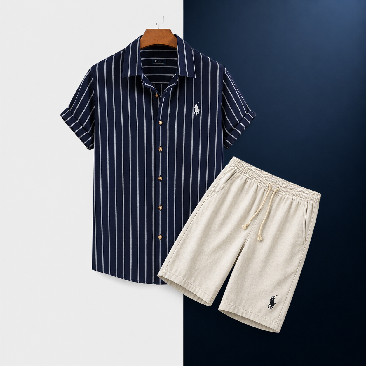 R&L - Relaxed Fit Striped Shirt and Shorts Set