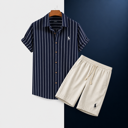 R&L - Relaxed Fit Striped Shirt and Shorts Set